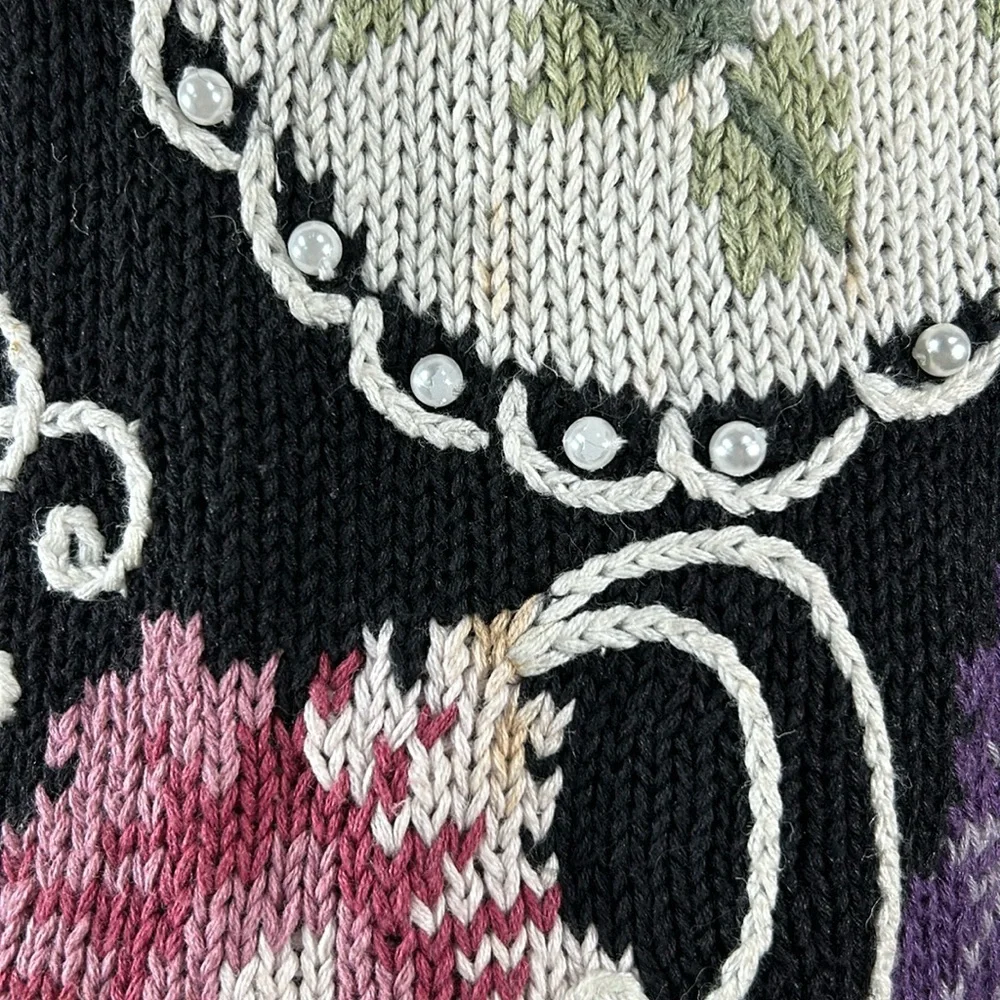 Women's Vintage Boaz Black Cottagecore Floral Oversized Knit Grandma Sweater / L